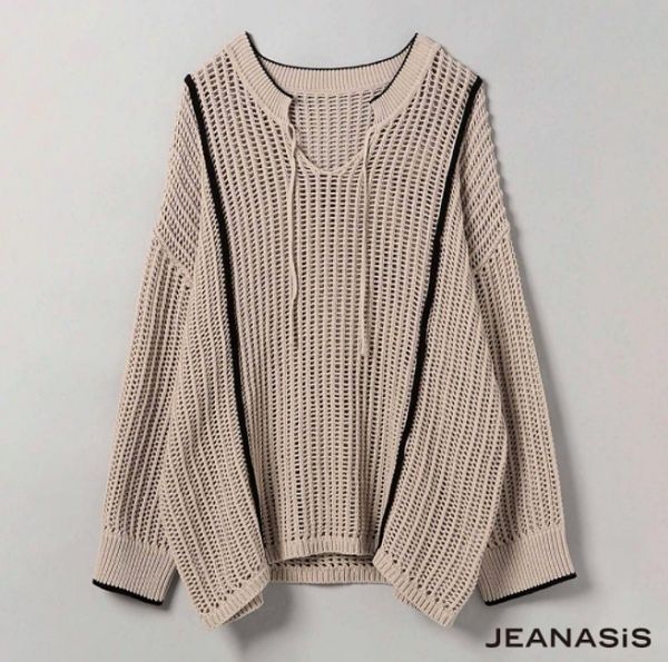 JEANASIS 鏤空針織領口綁帶長袖上衣